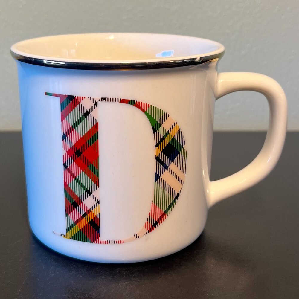 NWT POTTERY BARN Scottish Tartan Plaid Letter D Monogram Initial Ceramic Cup Mug